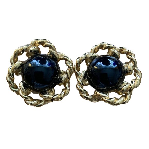 Vintage Givenchy Clip On Earrings Black Gold Round Designer Signed Statement - Picture 1 of 10